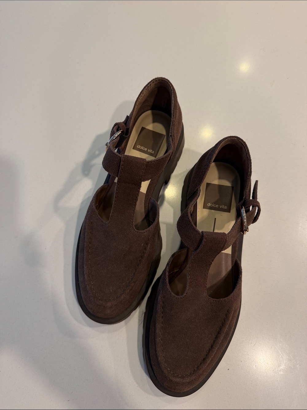 Dolce Vita Brown Suede T-Strap Loafers with Buckle